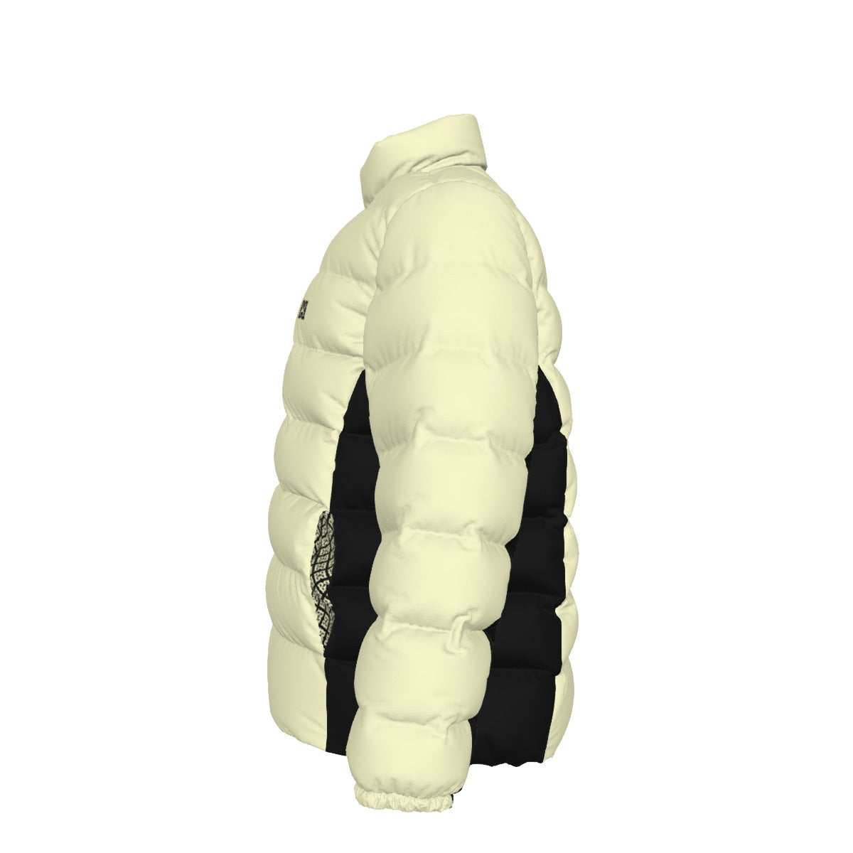 Side view of the cream FBB puffer jacket showing quilted sleeves and black side panels, facing left.