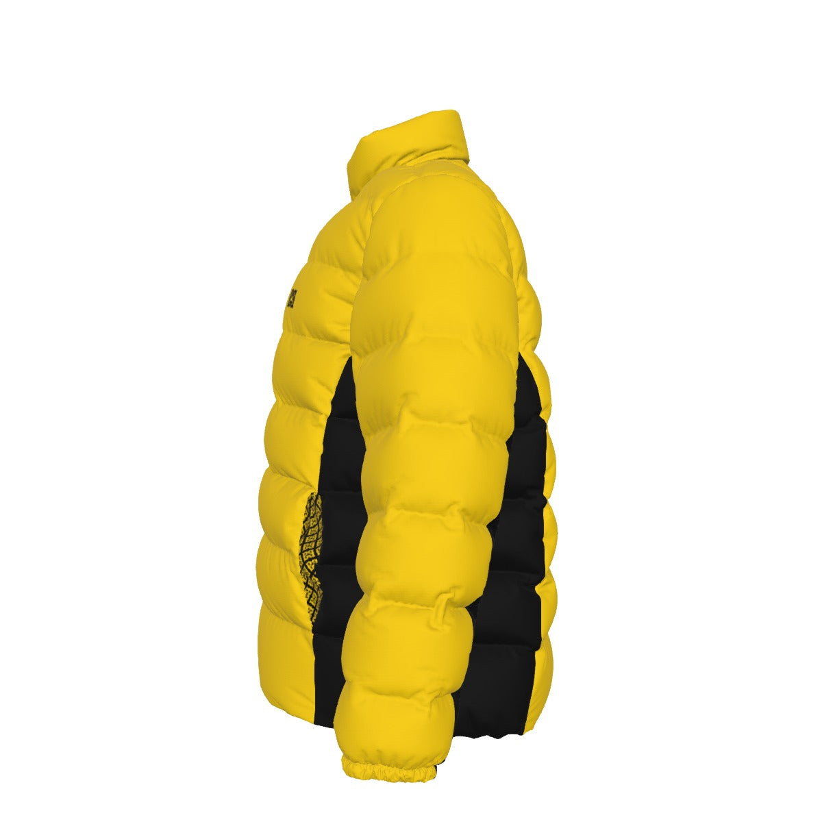 Side view of the yellow FBB puffer jacket showing quilted sleeves and black side panels, facing left.