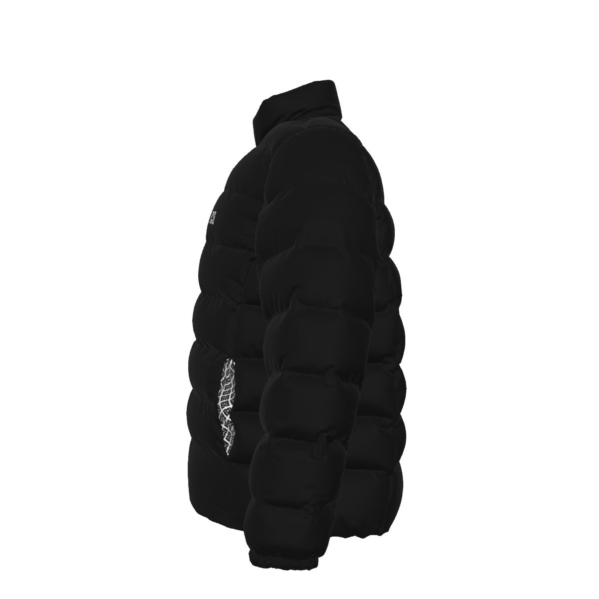 Side view of the black FBB puffer jacket showing quilted sleeves and a white side motif, facing left
