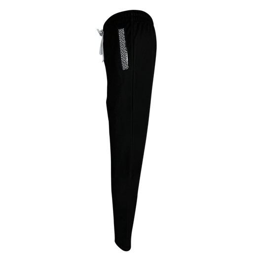 Black pants with a white drawstring on a white background