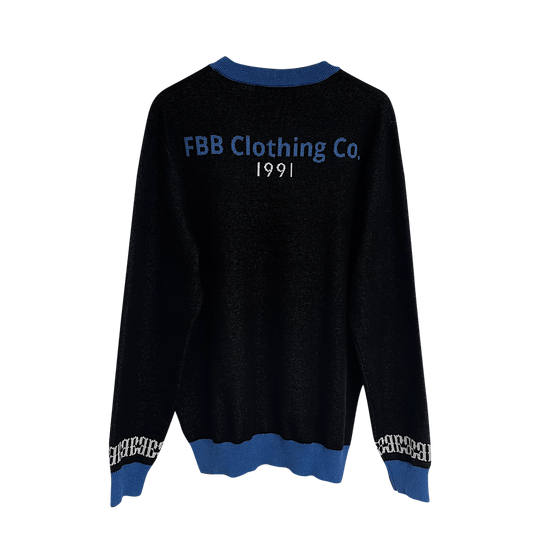 FBB Black & Blue Knitted Sweater front view – unisex jacquard cotton blend sweater