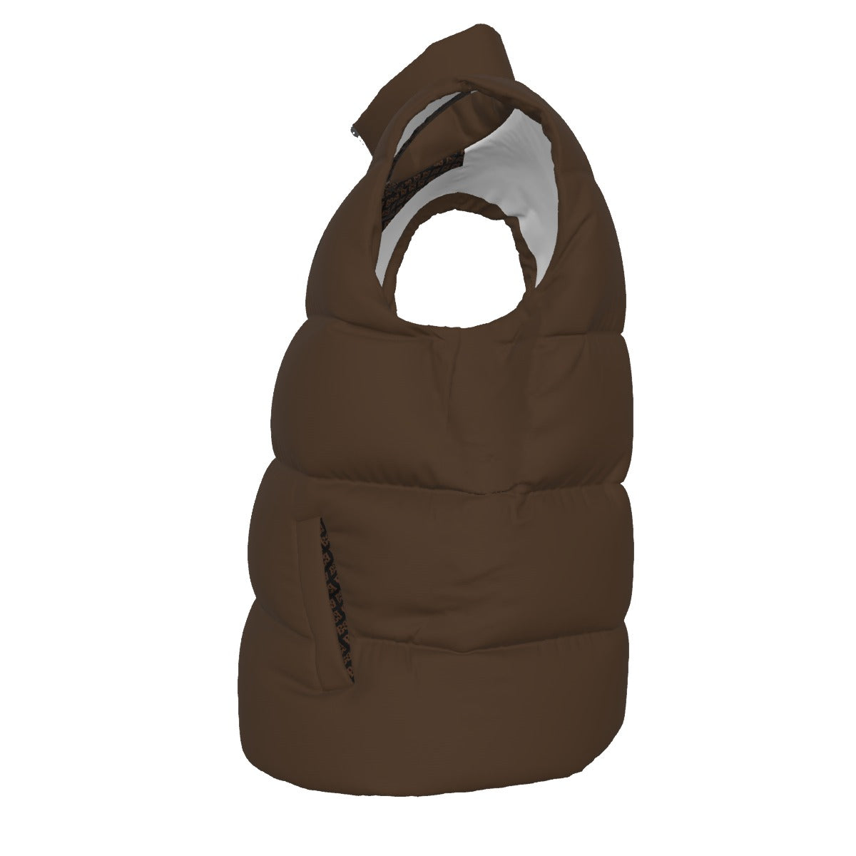 Side view of the Brown FBB Barrier puffer vest facing right, showing horizontal quilting and a pocket opening.