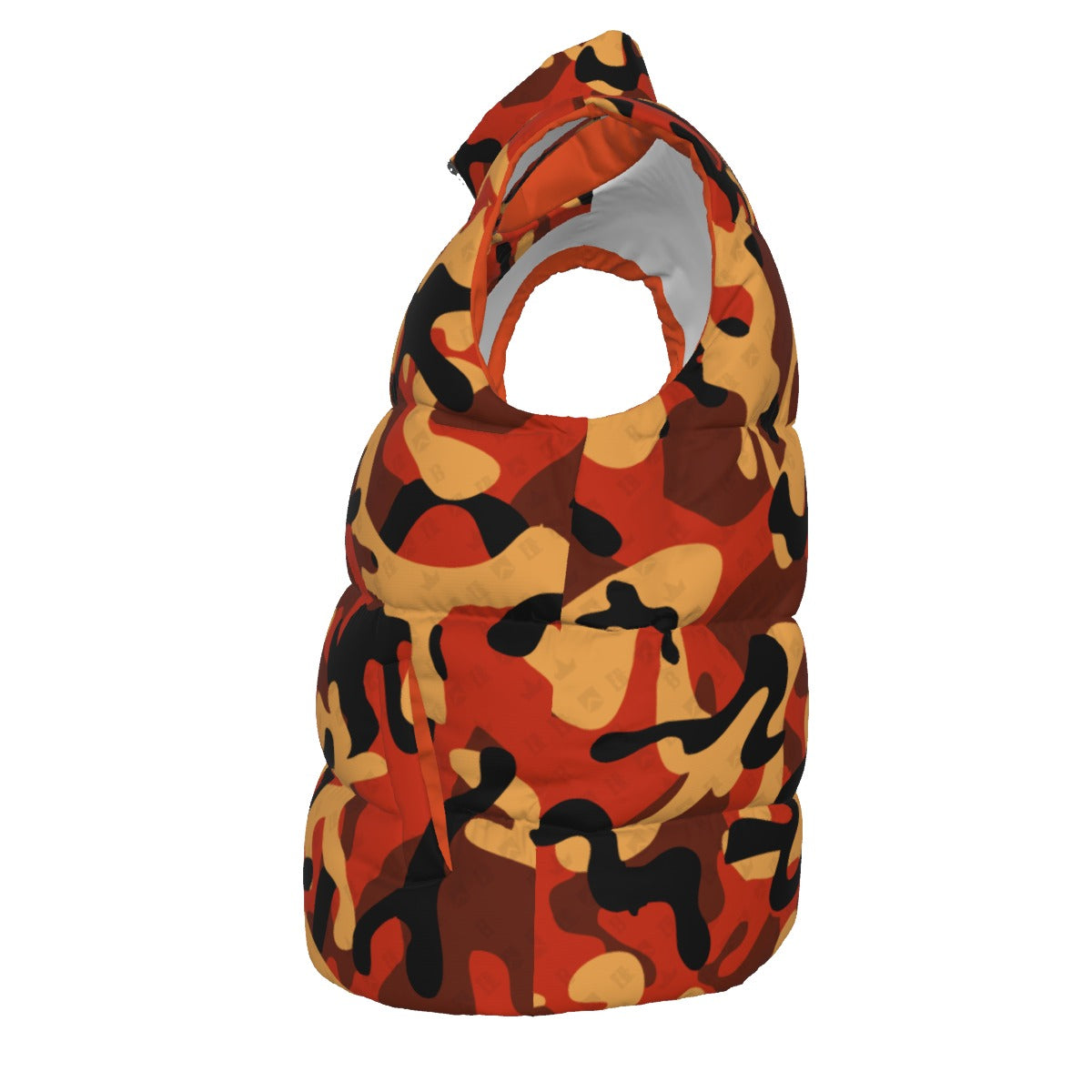 Side view of the FBB M3 Urban Camo puffer vest facing left, with orange, brown, black and beige camouflage.