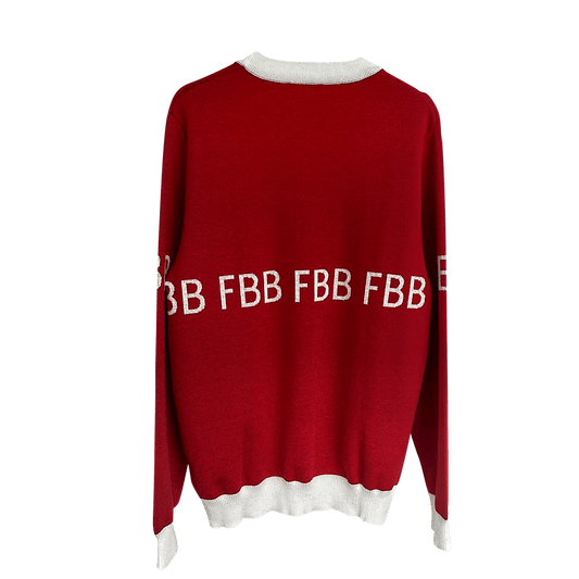 FBB Red & White Knitted Sweater front view – unisex jacquard cotton blend sweater