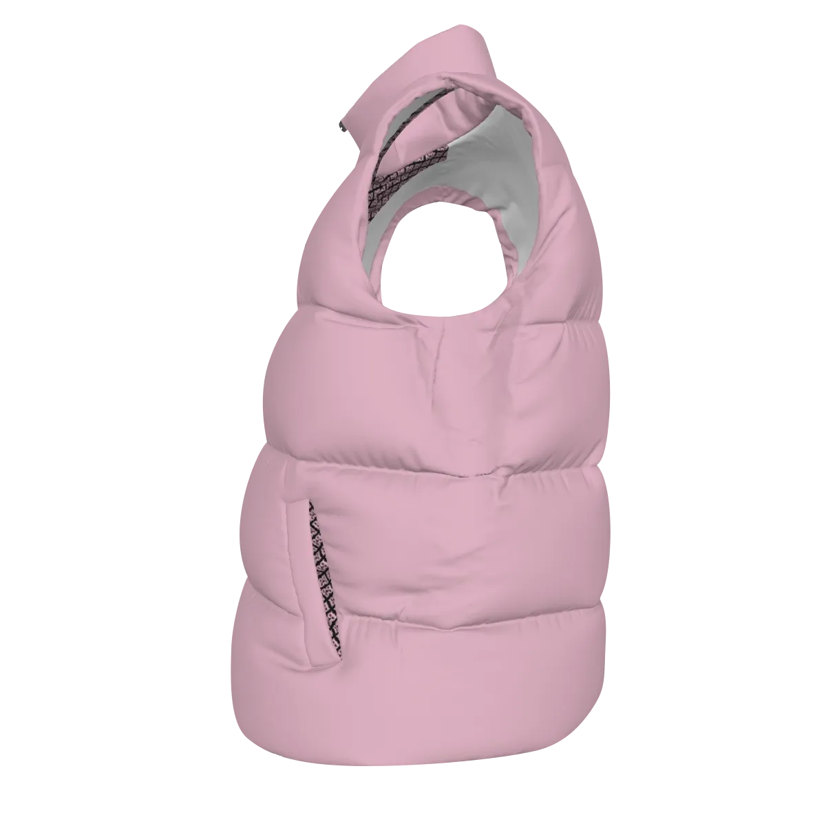 Side view of the Lavender Pink FBB Barrier puffer vest facing left, showing horizontal quilting and a pocket opening.