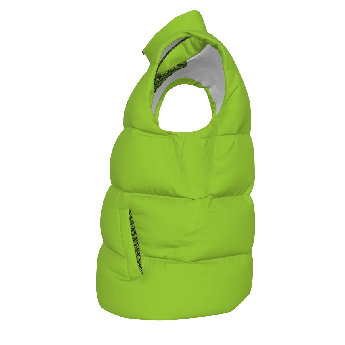 Side view of the lime green FBB Barrier puffer vest facing left, showing horizontal quilting and a pocket opening.