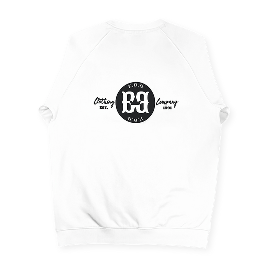 FBB MCMXCI White Raglan Sleeve Sweatshirt front view – unisex organic cotton pullover