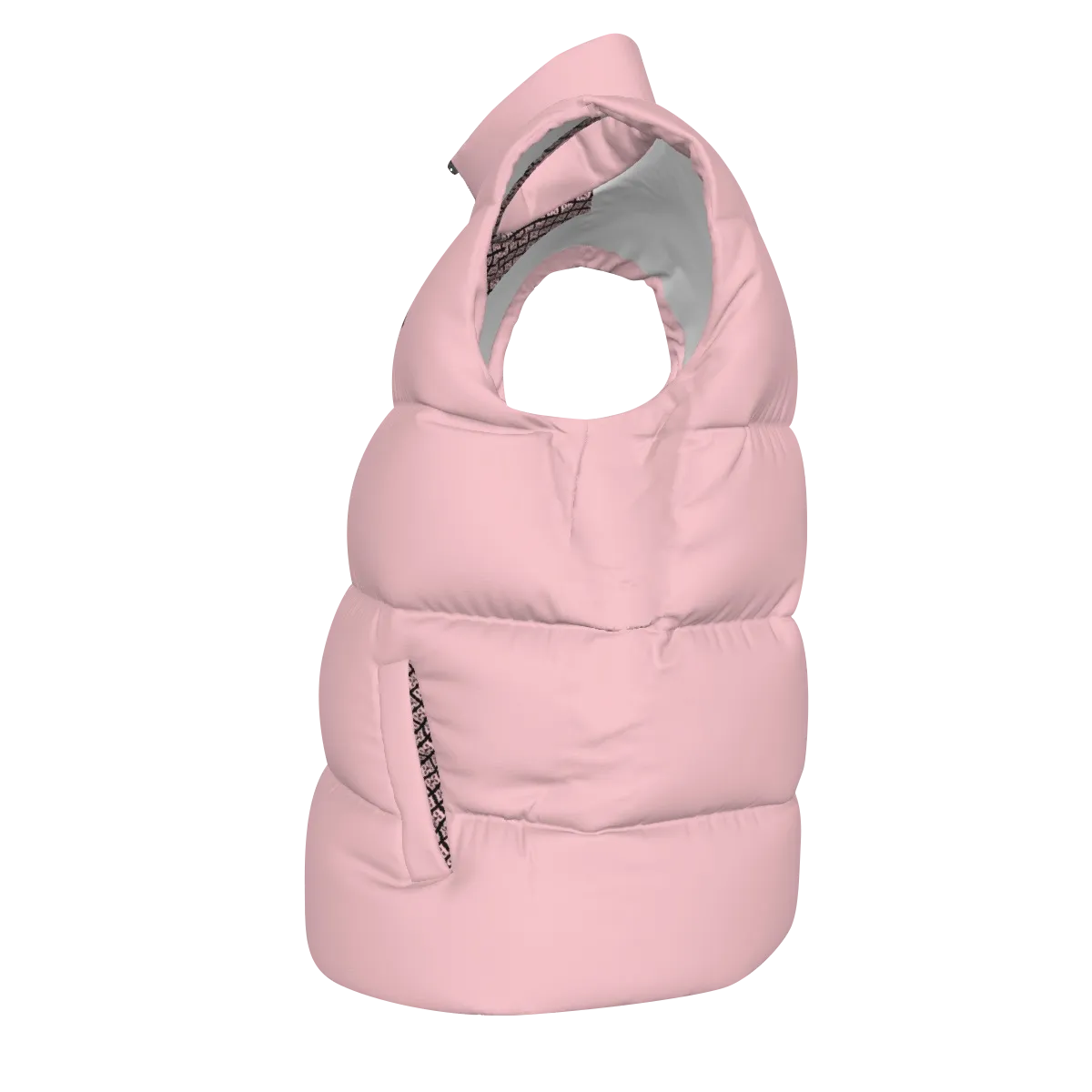 Side view of the Pink FBB Barrier puffer vest facing left, showing horizontal quilting and a pocket opening.