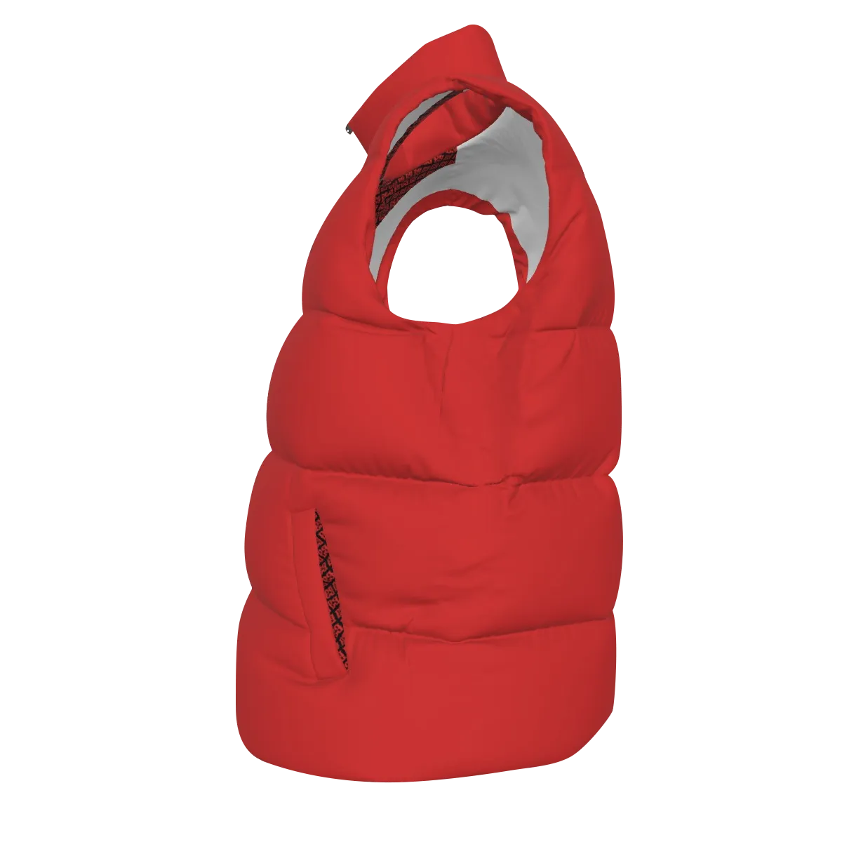 Side view of the Red FBB Barrier puffer vest facing left, showing horizontal quilting and a pocket opening.