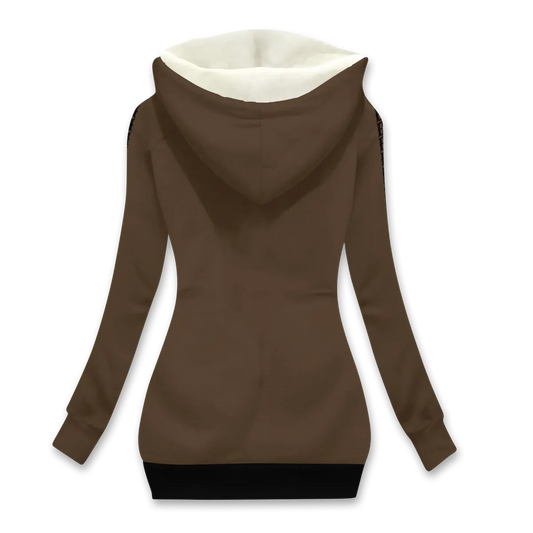 Women's long brown jacket with fleece lining and a fur hood.