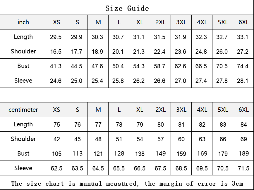 FBB puffer jacket size guide, XS-6XL, with length, shoulder, bust and sleeve measurements in inches and centimeters.