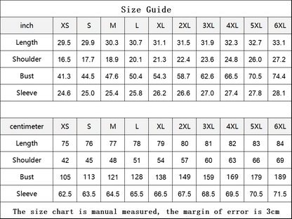 FBB puffer jacket size guide, XS-6XL, with length, shoulder, bust and sleeve measurements in inches and centimeters.