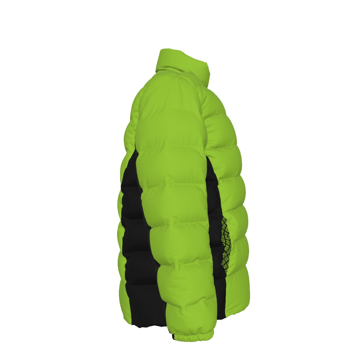 Side view of the lime FBB puffer jacket showing quilted sleeves and black side panels, facing right.