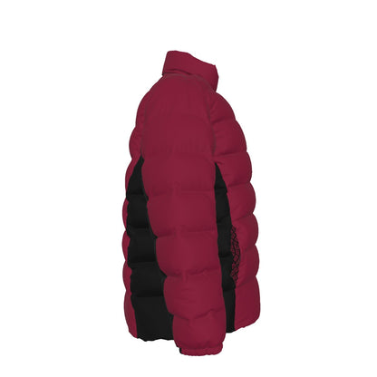 Side view of the burgundy FBB puffer jacket showing quilted sleeves and black side panels, facing right.
