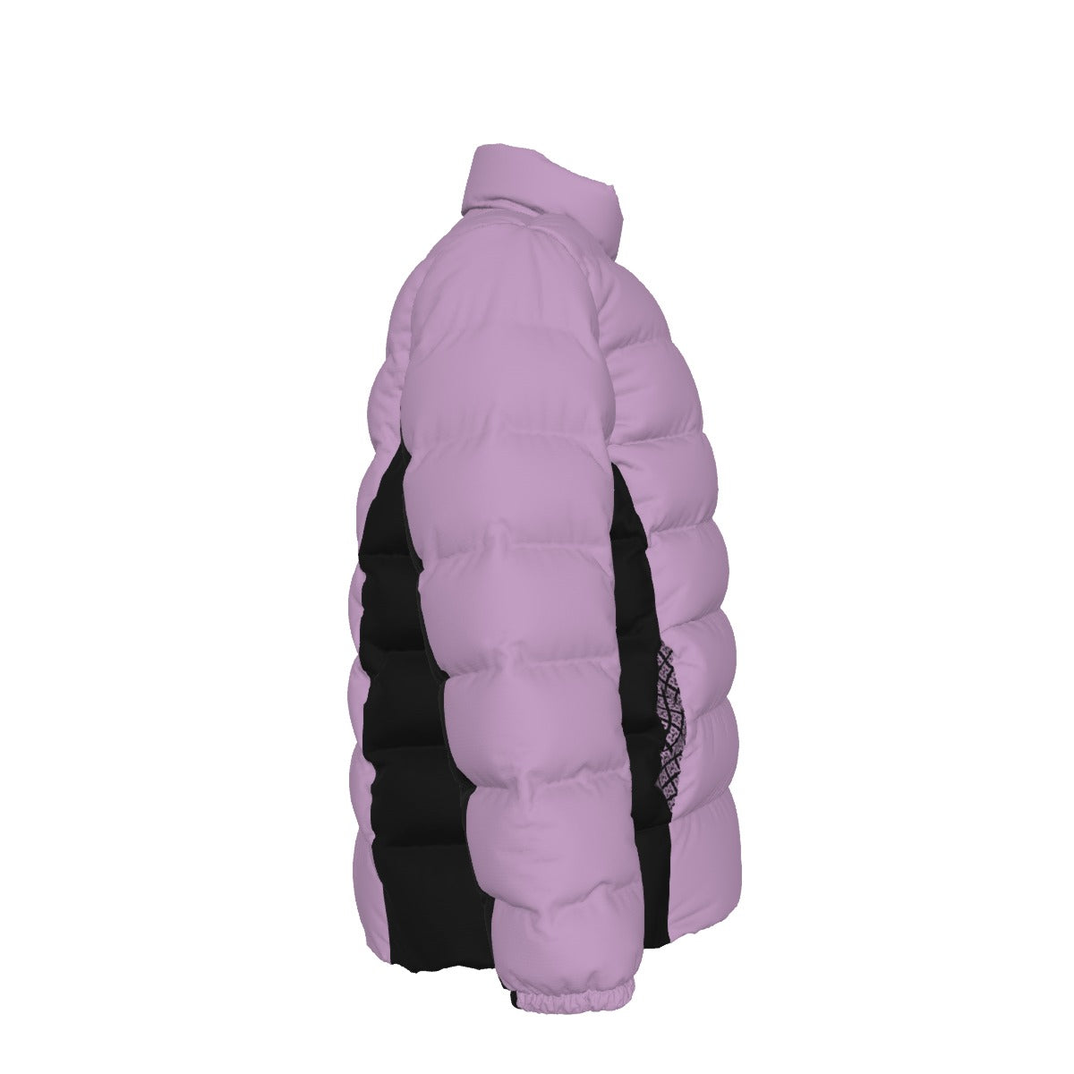 Side view of the purple FBB puffer jacket showing quilted sleeves and black side panels, facing right.