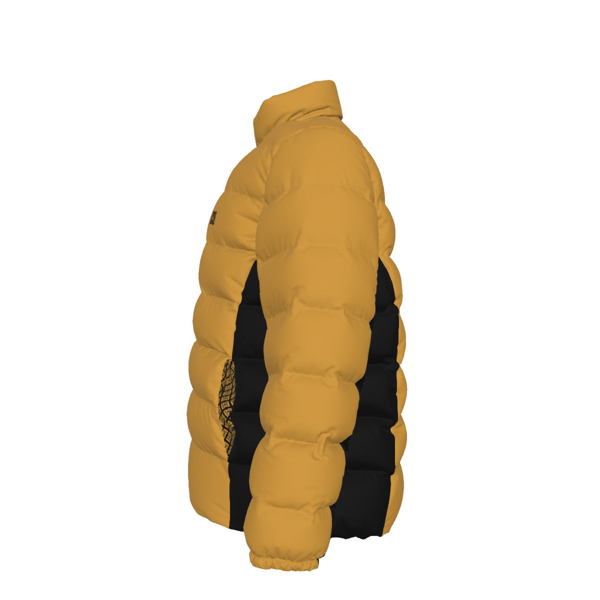 Side view of the timber FBB puffer jacket showing quilted sleeves and black side panels, facing left.