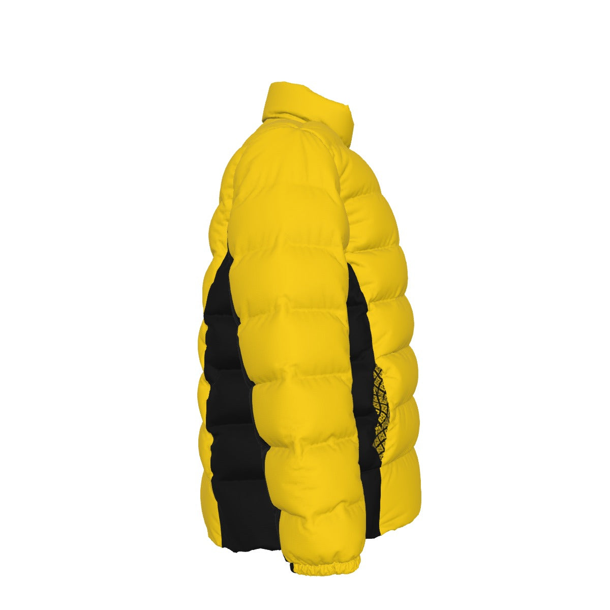 Side view of the yellow FBB puffer jacket showing quilted sleeves and black side panels, facing right.