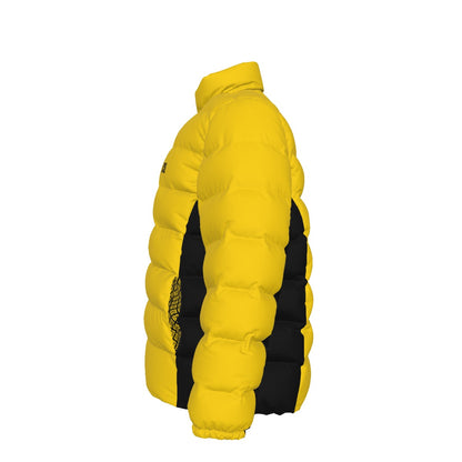 Side view of the yellow FBB puffer jacket showing quilted sleeves and black side panels, facing left.