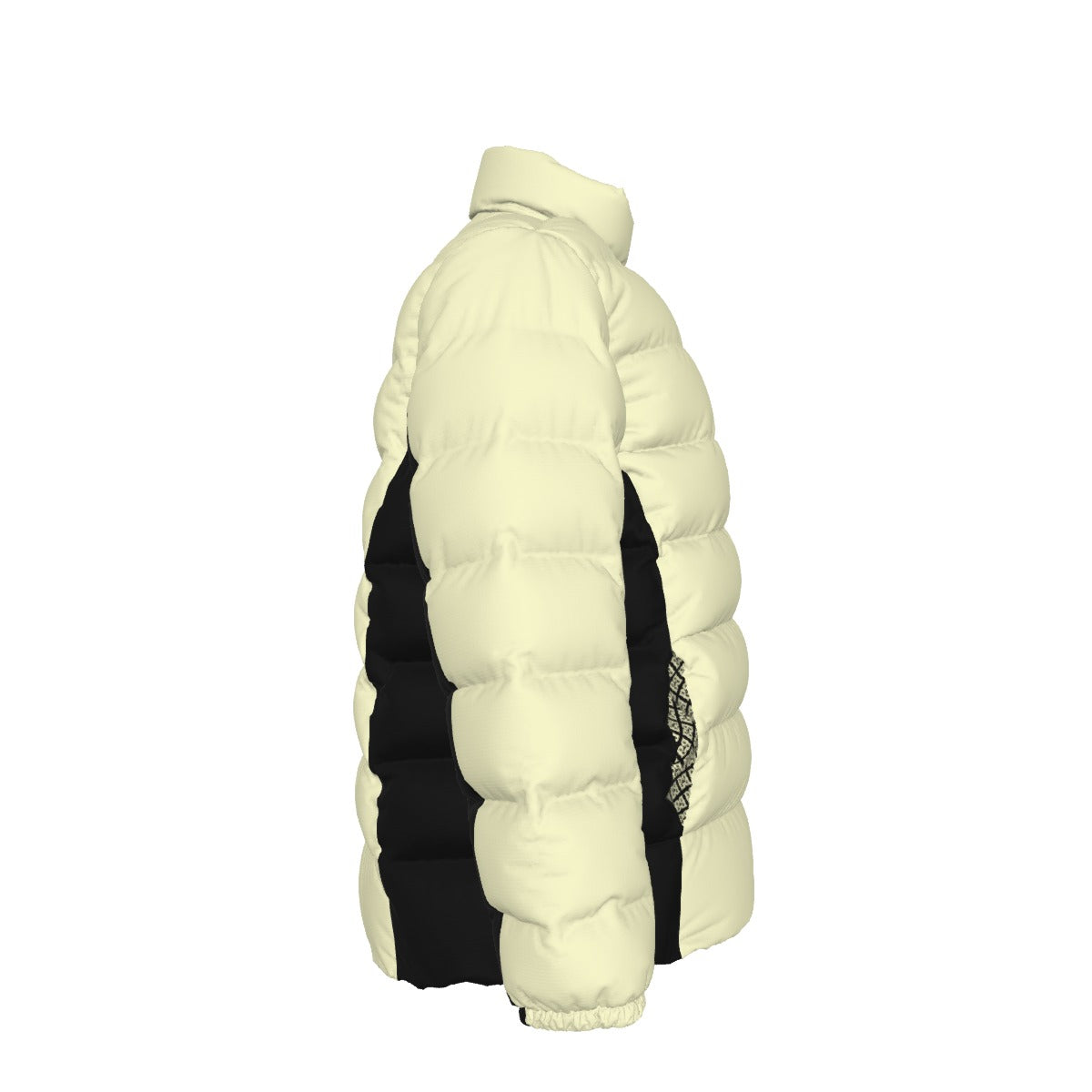 Side view of the cream FBB puffer jacket showing quilted sleeves and black side panels, facing right.
