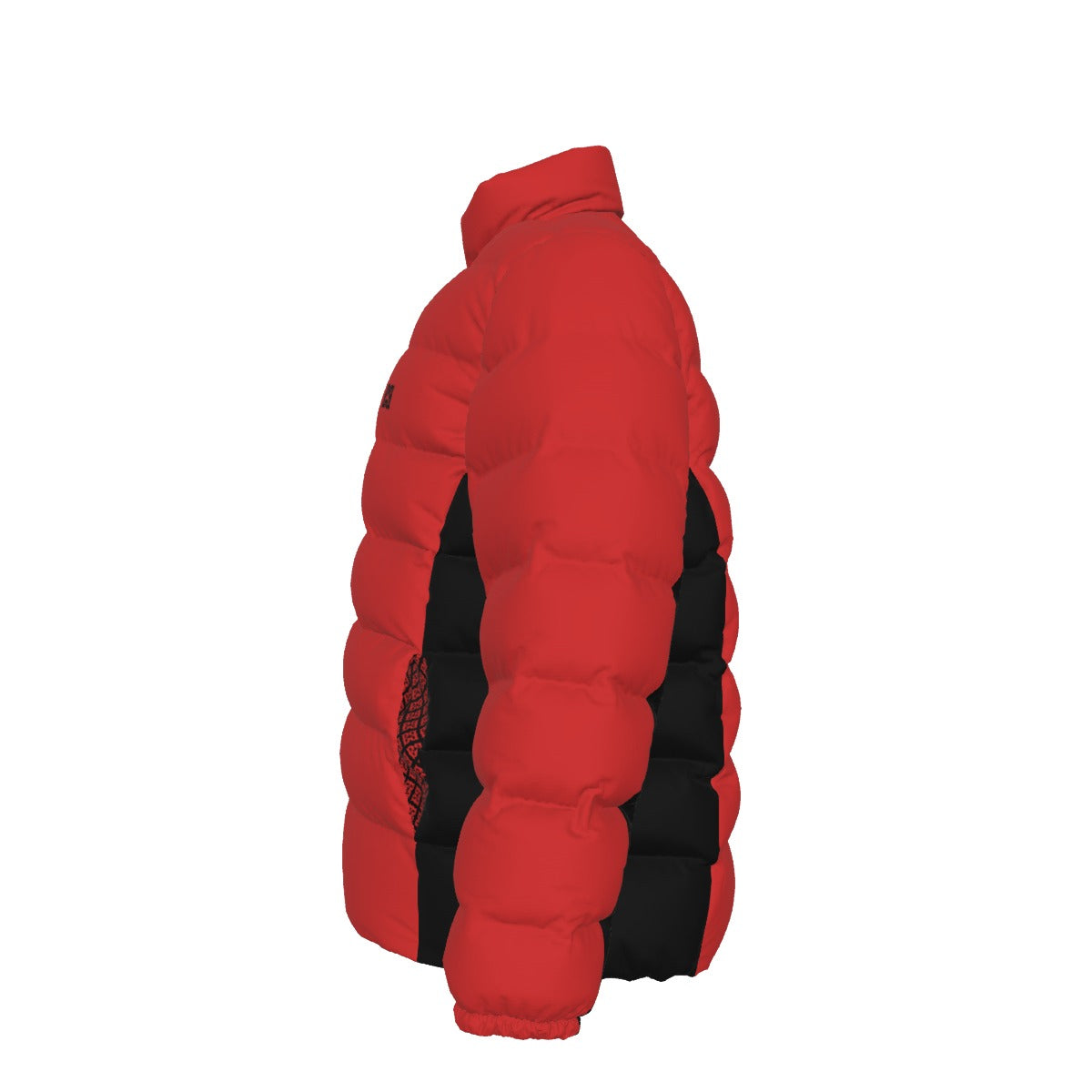 Side view of the red FBB puffer jacket showing quilted sleeves and black side panels, facing left.