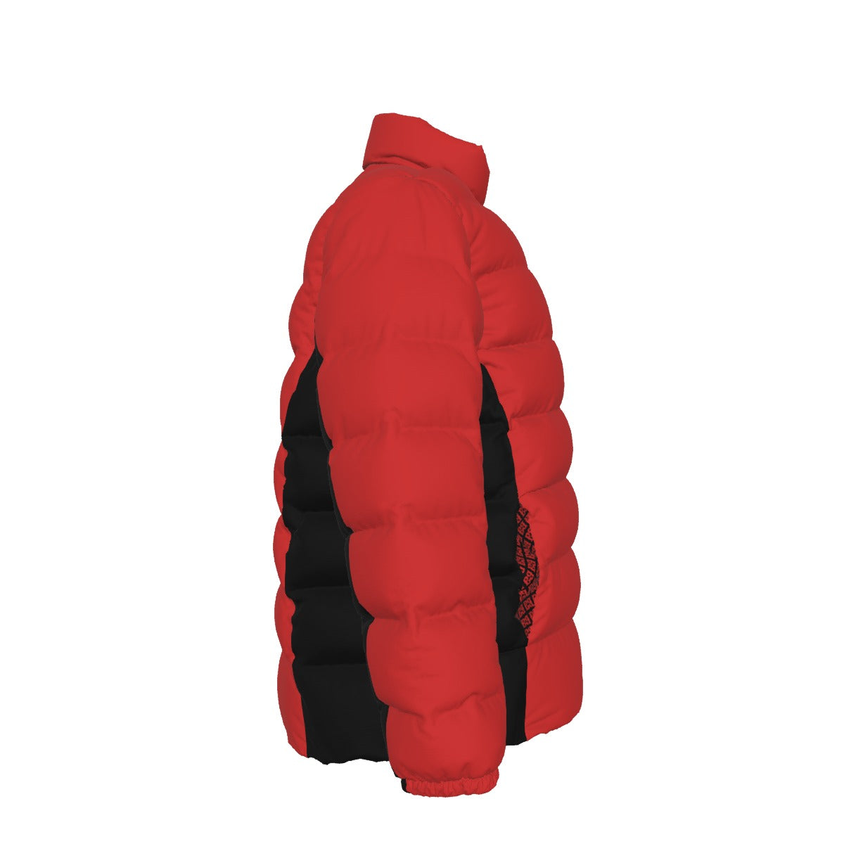 Side view of the red FBB puffer jacket showing quilted sleeves and black side panels, facing right.