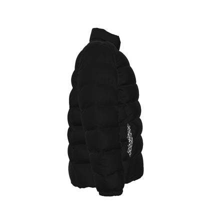 Side view of the black FBB puffer jacket showing quilted sleeves and a white side motif, facing right.