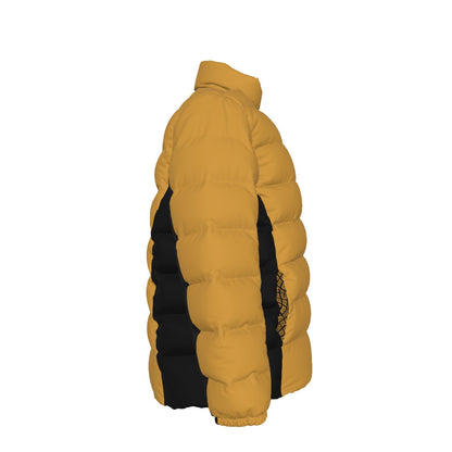 Side view of the timber FBB puffer jacket showing quilted sleeves and black side panels, facing right.