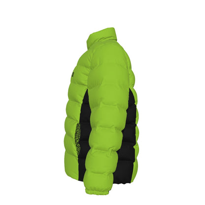 Side view of the lime FBB puffer jacket showing quilted sleeves and black side panels, facing left.