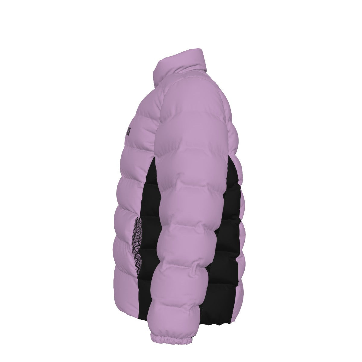 Side view of the purple FBB puffer jacket showing quilted sleeves and black side panels, facing left.