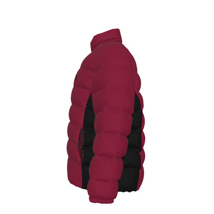 Side view of the burgundy FBB puffer jacket showing quilted sleeves and black side panels, facing left.