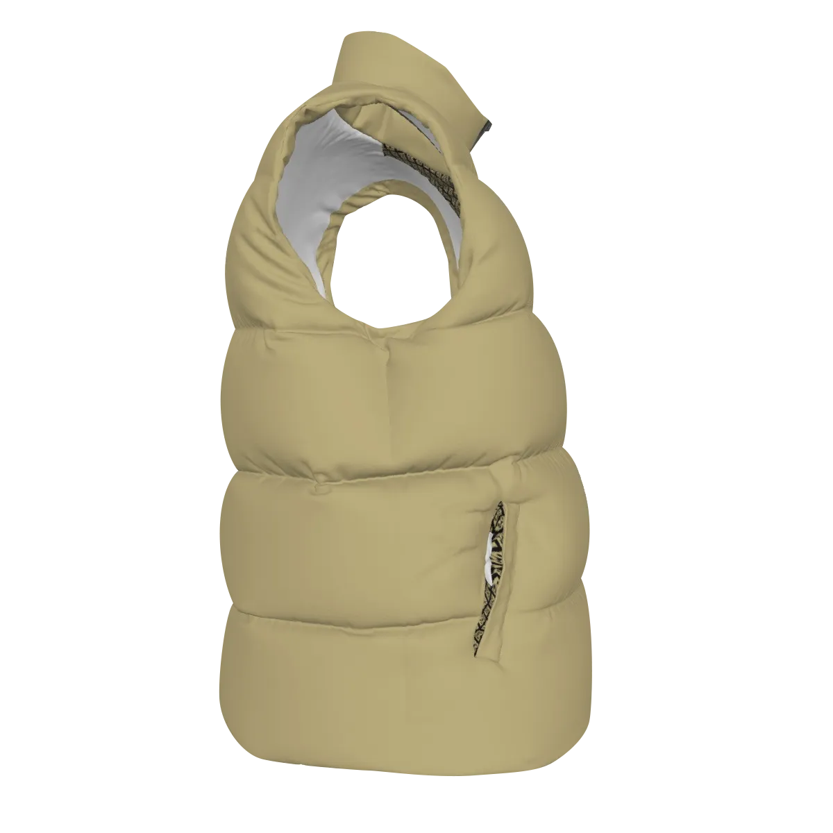 Side view of the Beige FBB Barrier puffer vest facing right, showing horizontal quilting and a pocket opening.