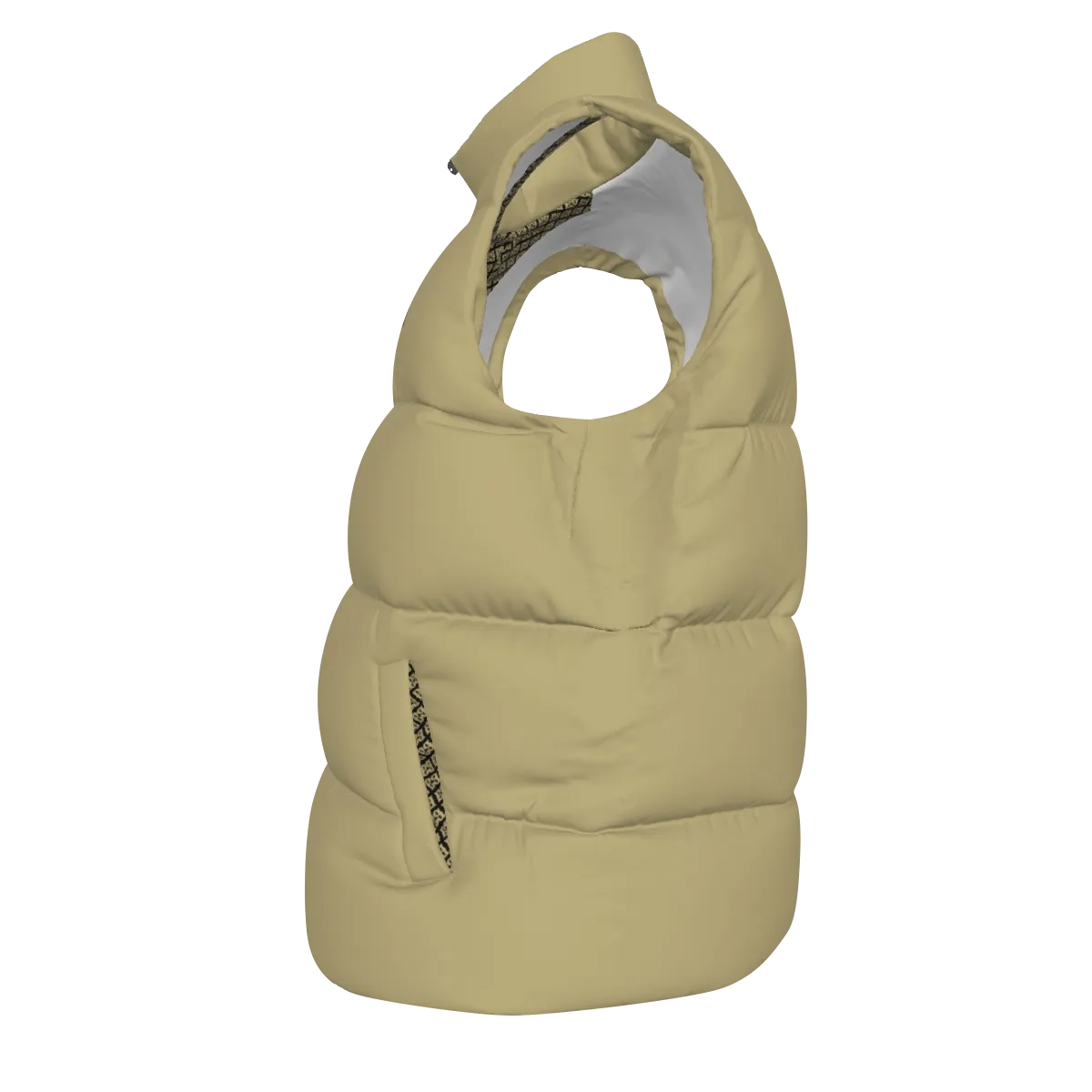Side view of the Beige FBB Barrier puffer vest facing left, showing horizontal quilting and a pocket opening.