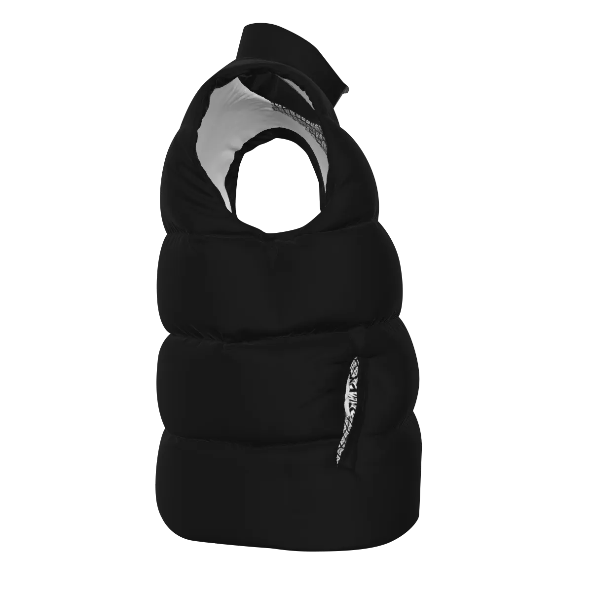 Side view of the Black FBB Barrier puffer vest facing left, showing horizontal quilting and a pocket opening.