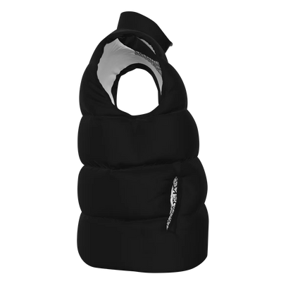 Side view of the Black FBB Barrier puffer vest facing left, showing horizontal quilting and a pocket opening.