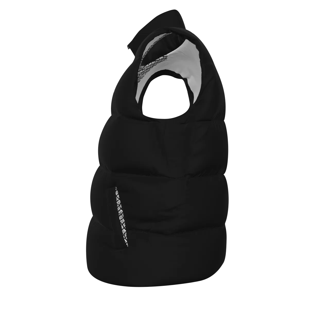 A black puffer down vest with a high collar, front zipper, and a small white embroidered logo on the left chest, shown against a plain white background.