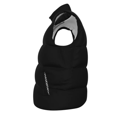 A black puffer down vest with a high collar, front zipper, and a small white embroidered logo on the left chest, shown against a plain white background.