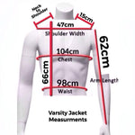 Measurement chart for a varsity jacket on a mannequin with labeled dimensions.