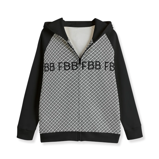 100% cotton black and white FBB Lynx pattern kid's zip hoodie 
