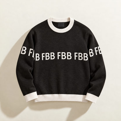 FBB Legacy Black knit sweater with white ribbed trim and repeating white FBB lettering across the chest and sleeves.
