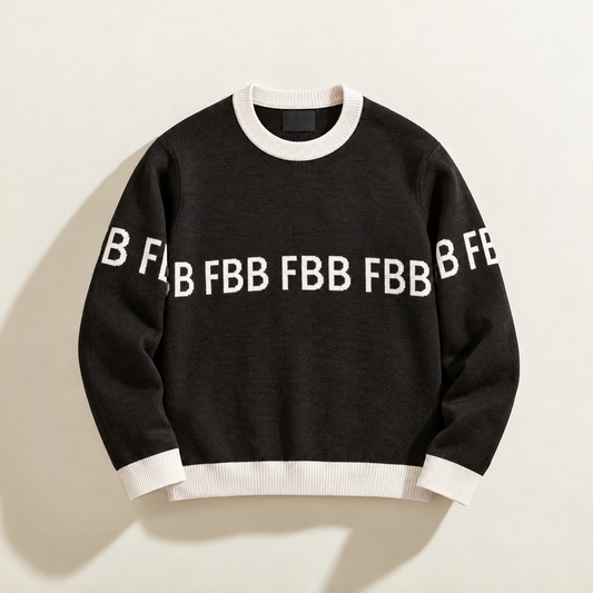 FBB Legacy Black knit sweater with white ribbed trim and repeating white FBB lettering across the chest and sleeves.
