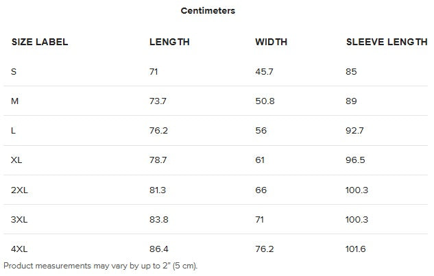 FBB long-sleeve tee size chart, S–4XL, showing length, width and sleeve length measurements in centimeters.
