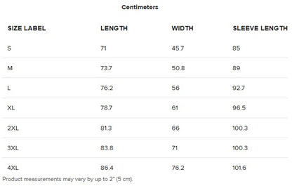 FBB long-sleeve tee size chart, S–4XL, showing length, width and sleeve length measurements in centimeters.
