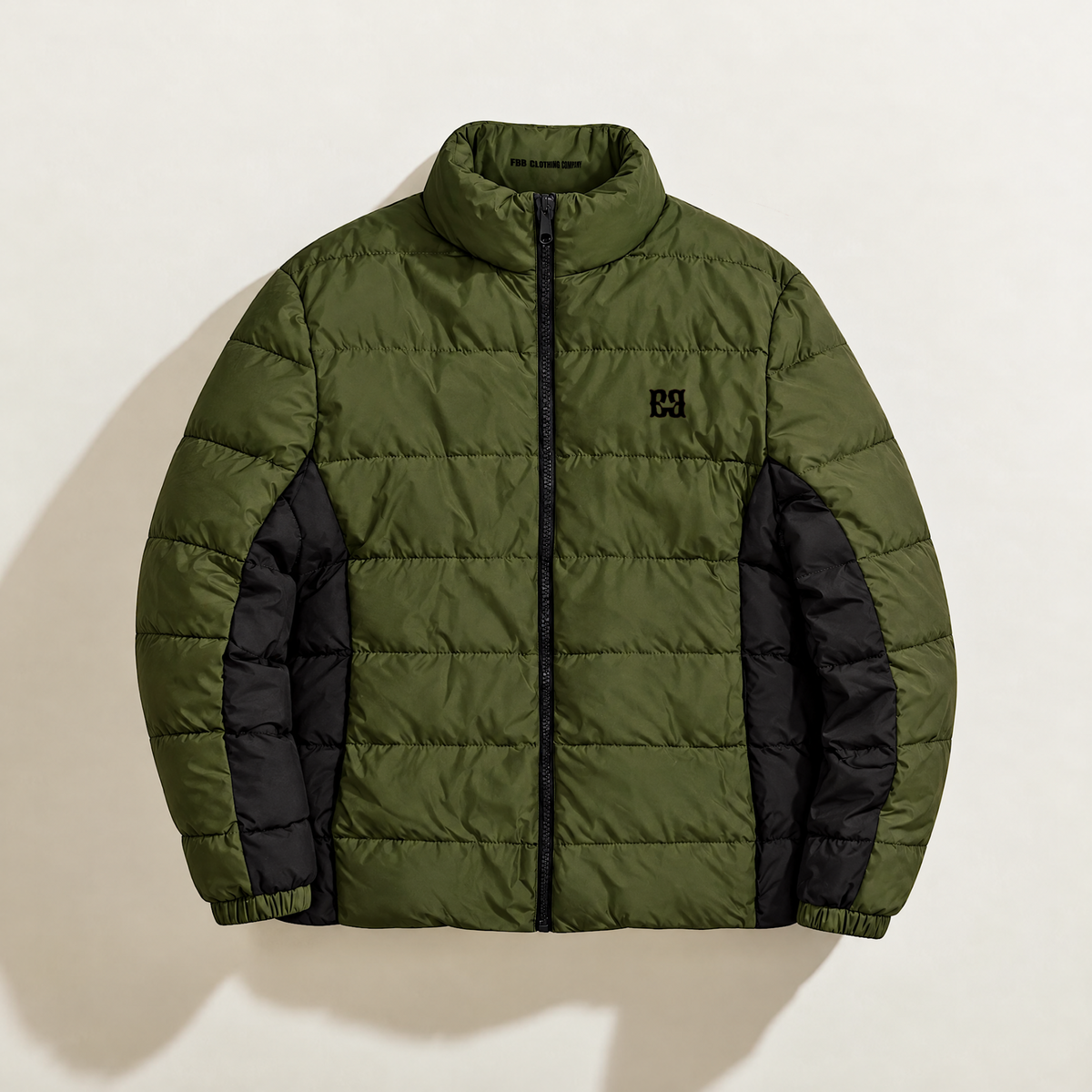 FBB Army Drab down puffer jacket with black side panels, zip front and printed chest logo.