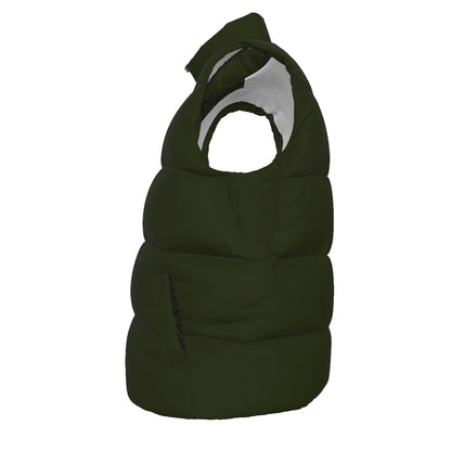 opposite side: Opposite side view of the FBB Barrier Army Drab down vest showing its sleeveless cut and padded collar.