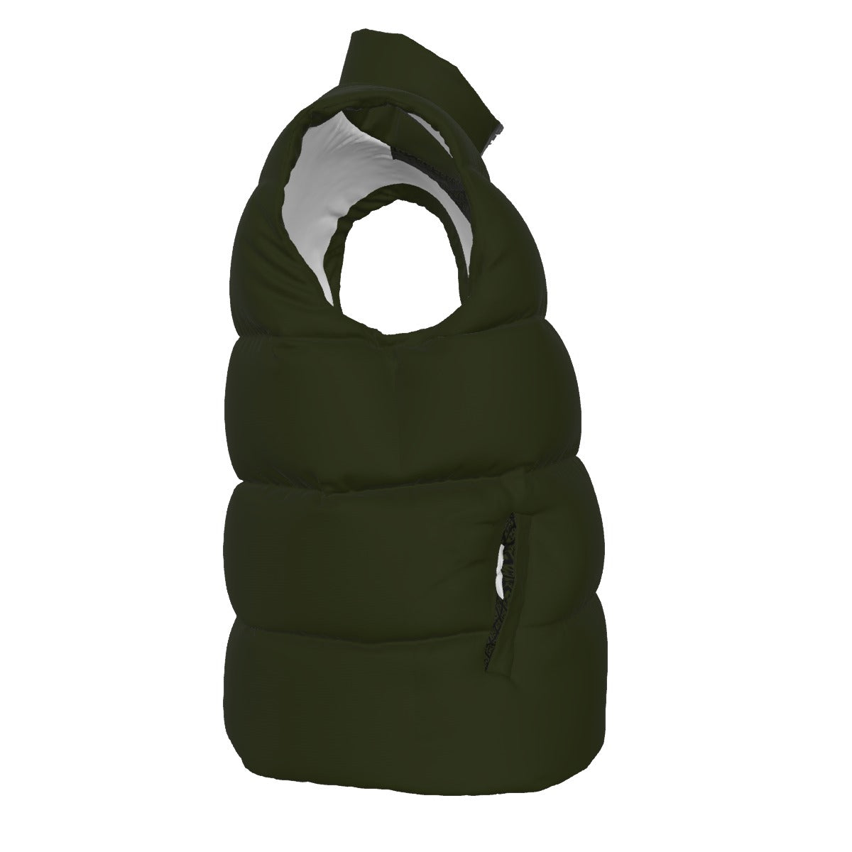Side view of the FBB Barrier Army Drab down vest showing horizontal quilting and a side pocket.