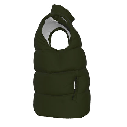 Side view of the FBB Barrier Army Drab down vest showing horizontal quilting and a side pocket.