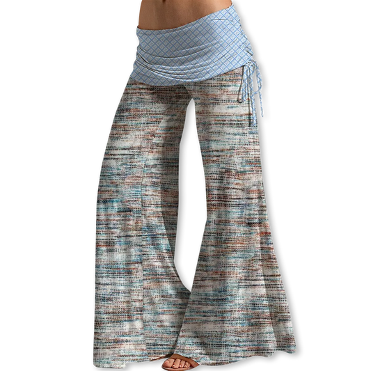 Woven wide-leg pants with a blue urban patterned design.