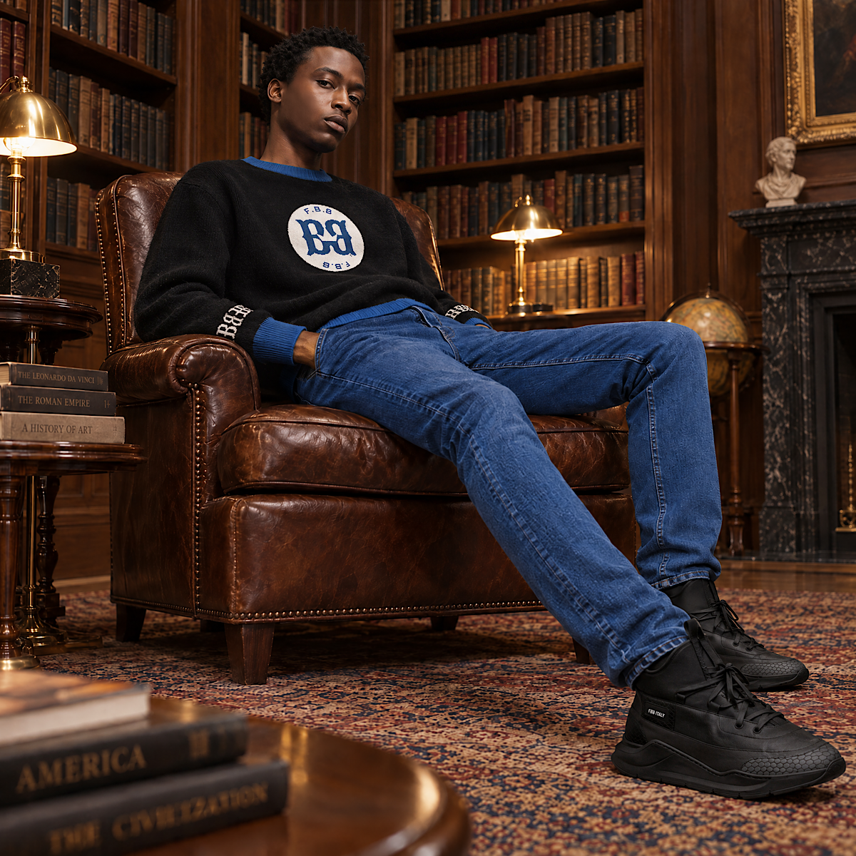 A man sits in a brown leather armchair in a vintage library setting, wearing a FBB black and blue Signature Knite crewneck sweater with a blue and white circular graphic, blue jeans, and black FBB ITALY sneakers.
