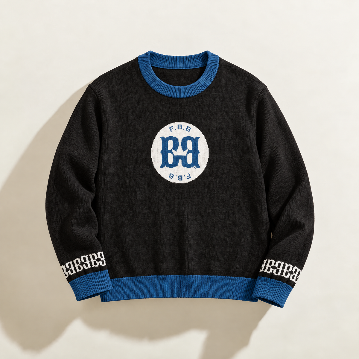 FBB Black & Blue knit sweater with blue ribbed trim, a white circular chest logo and white sleeve motifs.