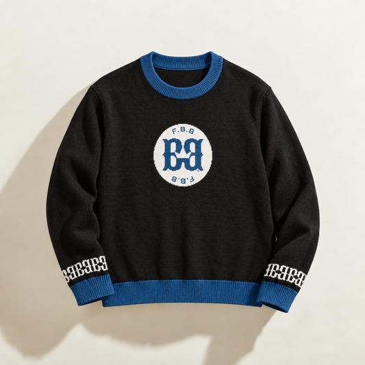 FBB Black & Blue knit sweater with blue ribbed trim, a white circular chest logo and white sleeve motifs.